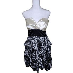 Vintage 90s Y2K Strapless Satin Ruched Mini Dress Womens Size 7 Black Ivory Lace